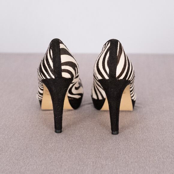 Chico's Zebra Print Open Toe High Heel Shoe 9M Calf Hair Gun Metal Chain Accent - Picture 7 of 10